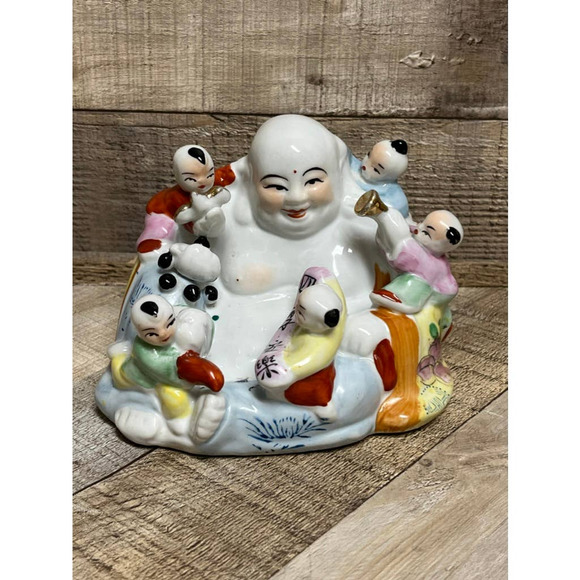 Vintage Chinese Laughing Buddha with Five Children Figurine